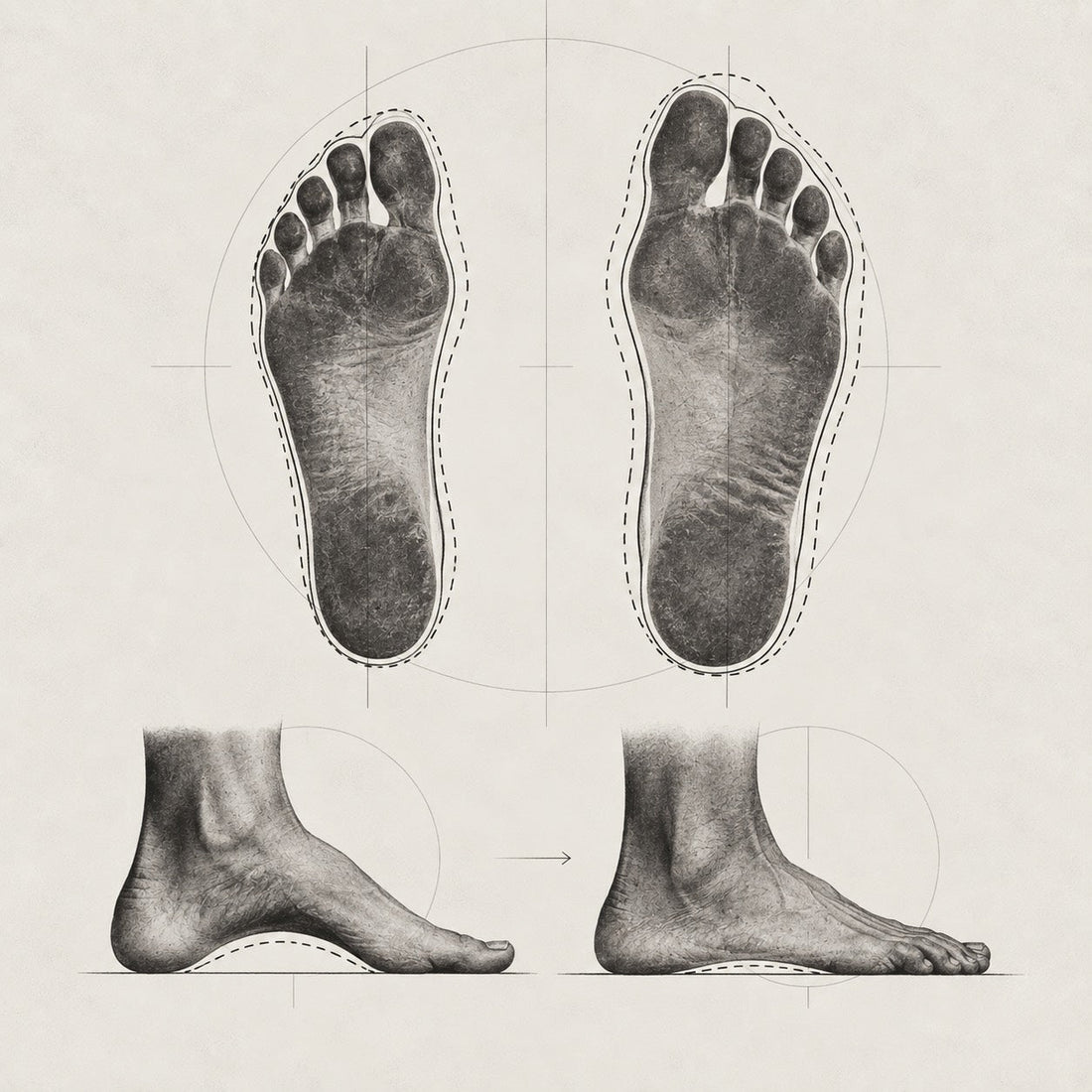 Illustration comparing foot shape with and without body weight, shown from above and from the side.
