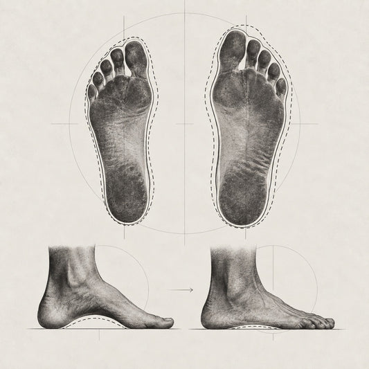 Illustration comparing foot shape with and without body weight, shown from above and from the side.