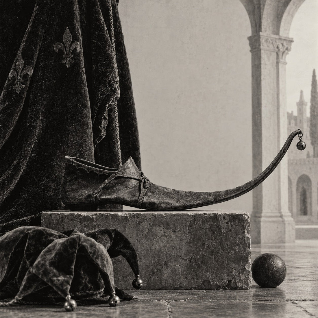 Medieval curled leather shoe in a stone palace interior.