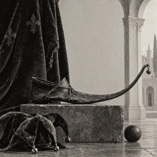 Medieval curled leather shoe in a stone palace interior.