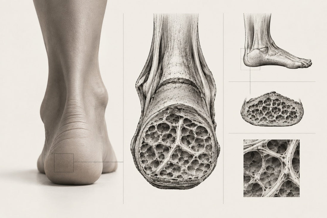 Monochrome anatomical study of a heel beside cross sections showing compartmented tissue beneath the heel.