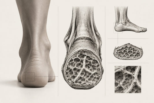 Monochrome anatomical study of a heel beside cross sections showing compartmented tissue beneath the heel.