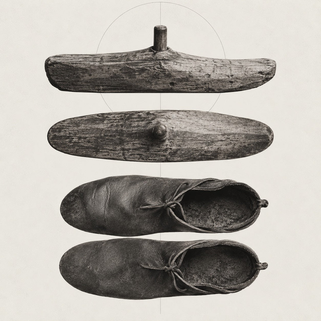 Illustration of a wooden straight last shown from two angles above two similarly shaped leather shoes.