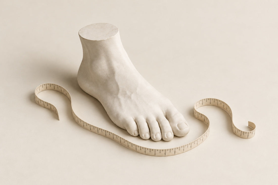 Ivory plaster foot beside a loosely curved measuring tape on a warm ivory background.