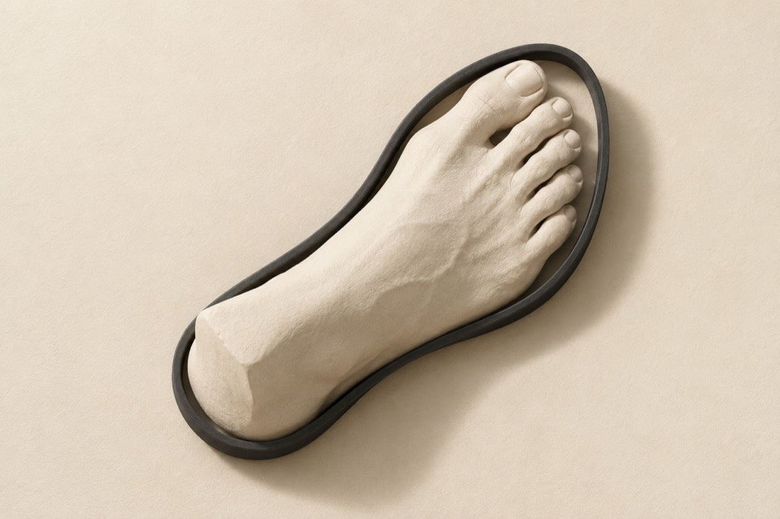 Ivory plaster foot inside a charcoal shoe outline on a warm ivory background.