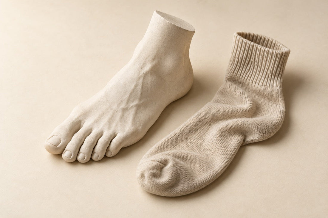 Ivory plaster foot beside an oatmeal knitted sock on a warm ivory background.
