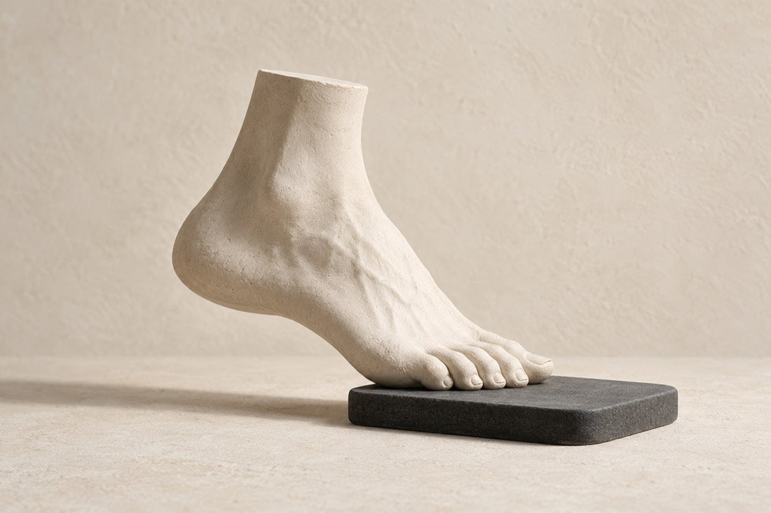 Ivory plaster foot with its heel raised and forefoot resting on a low charcoal platform.