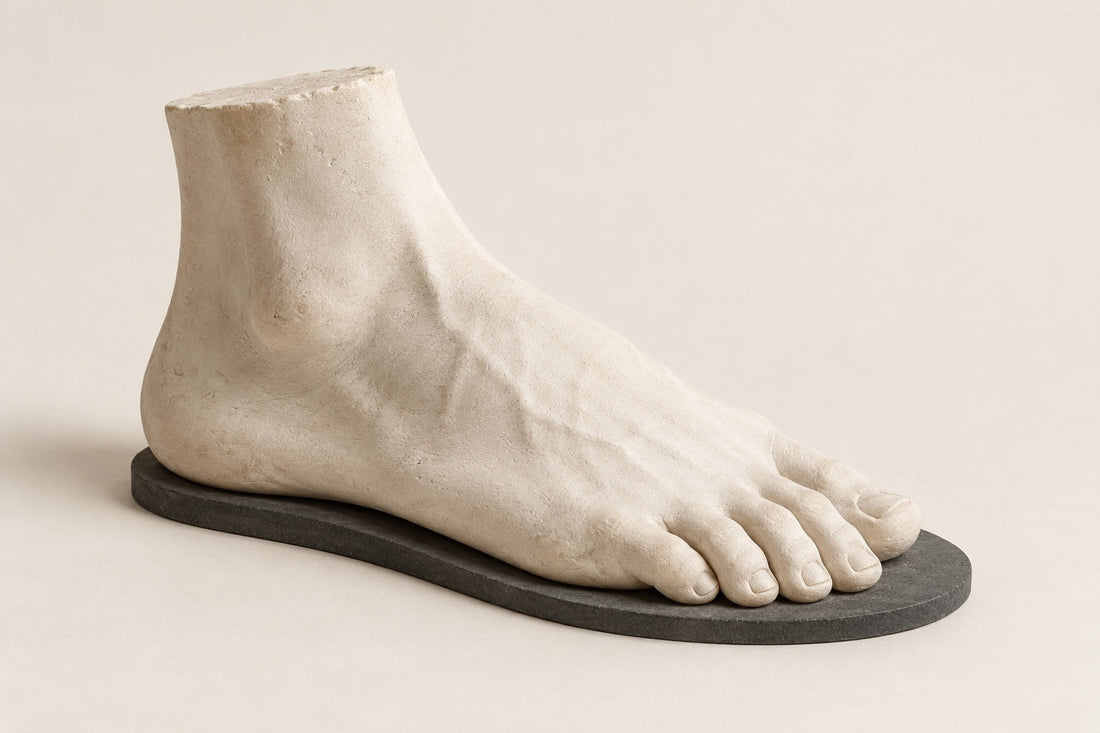 Conceptual plaster foot resting on a thin, level charcoal sole against a warm ivory background.